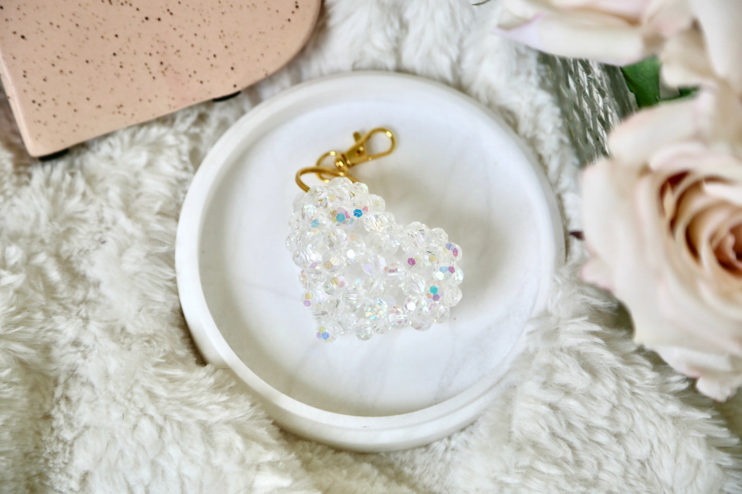 Bead Heart Keychain - Crystal White