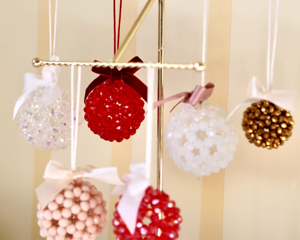 Bead Ball Ornament - Red (white bow)