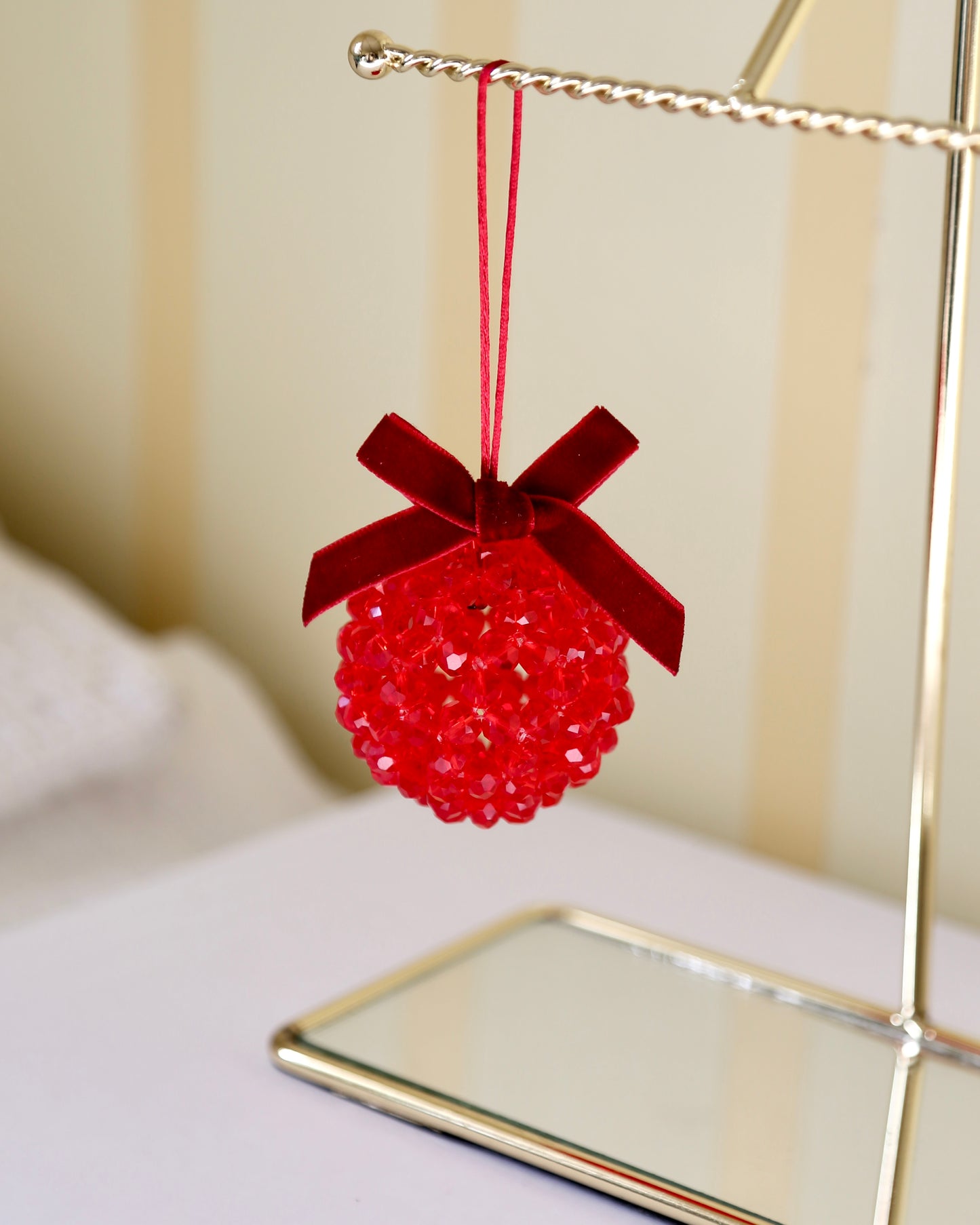 Bead Ball Ornament - Red Clear (Velvet Ribbon)