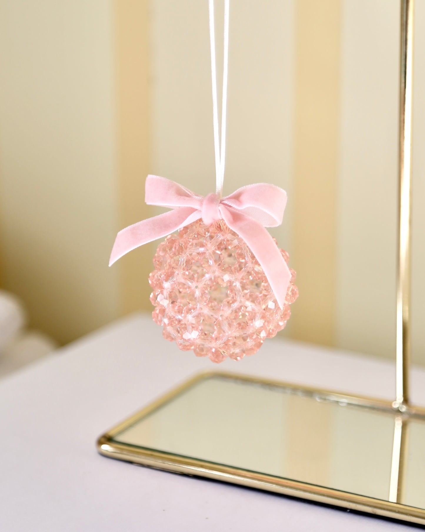 Bead Ball Ornament - Pink Clear (Velvet Ribbon)