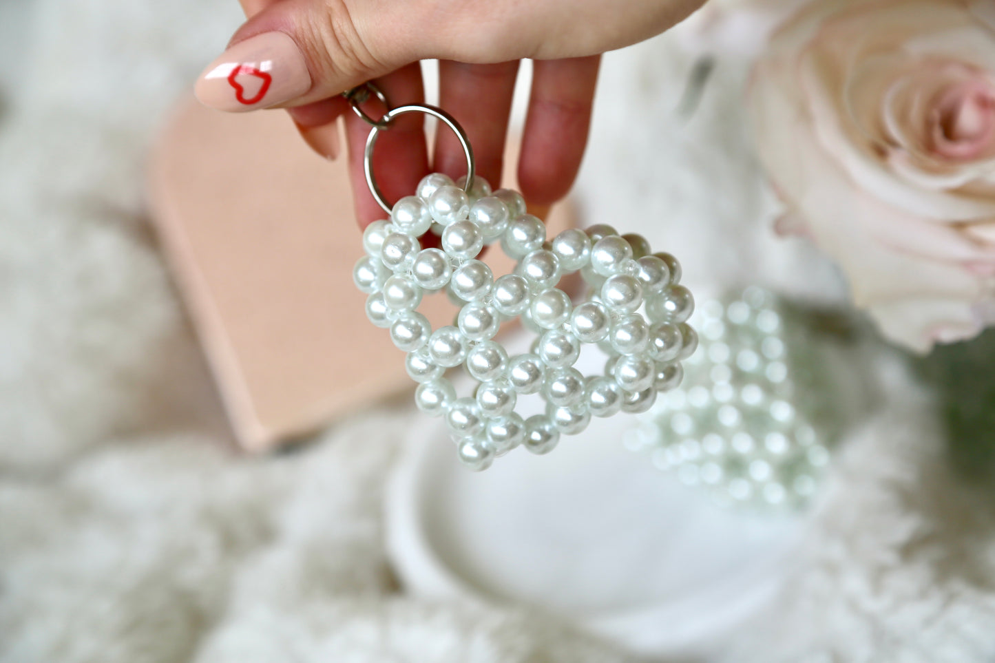 Bead Heart Keychain - Pearl White