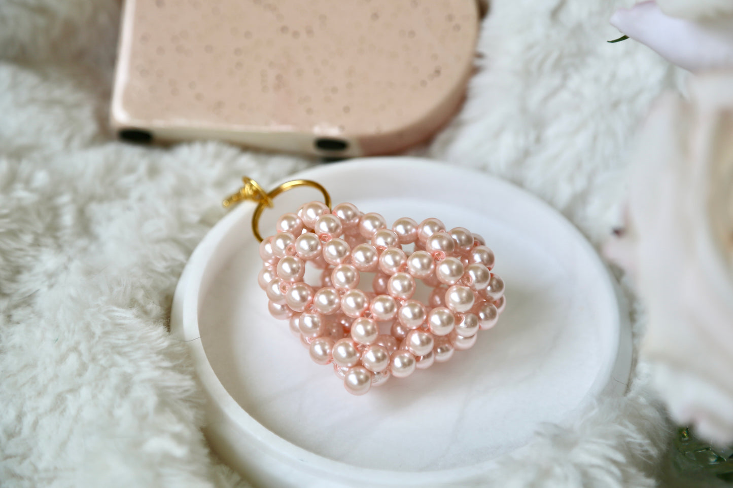 Bead Heart Keychain - Pearl Pink
