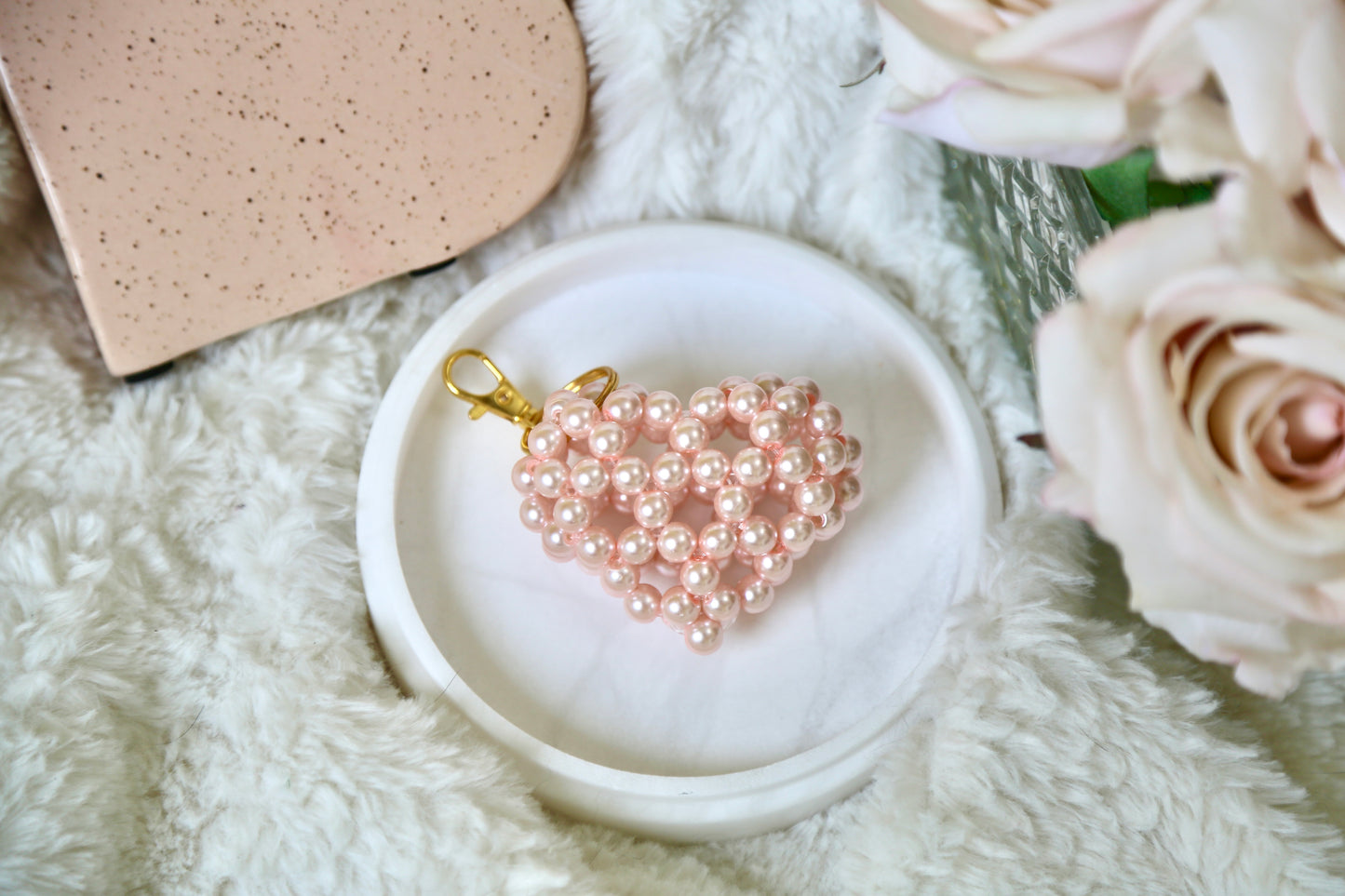 Bead Heart Keychain - Pearl Pink